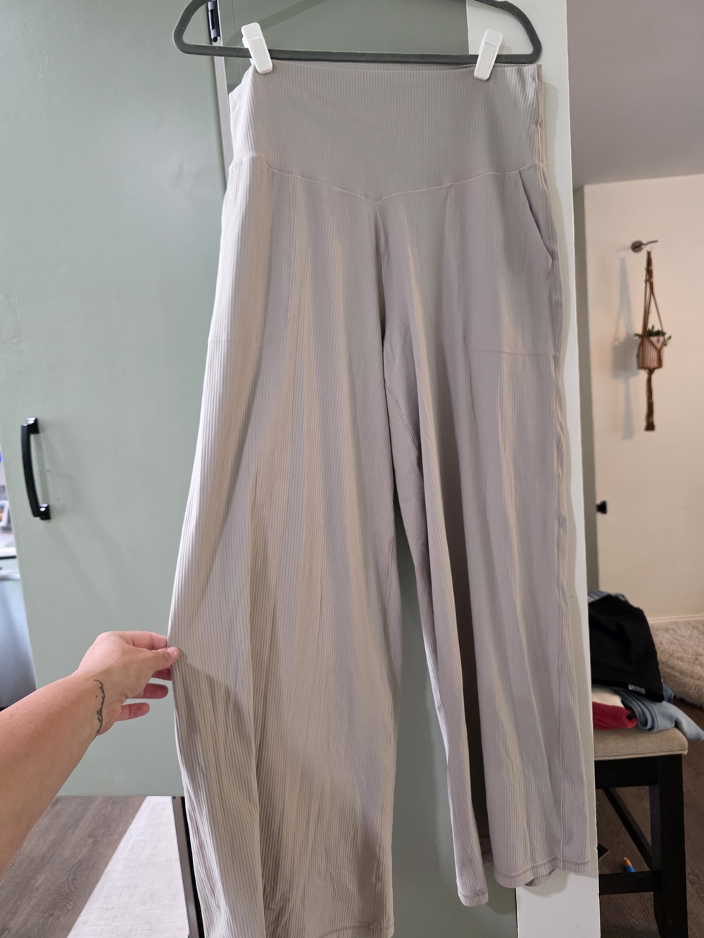 aerie Light Gray Wide-Leg High-Rise Ribbed Pants